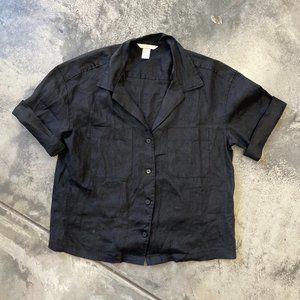 Black H&M Linen Resort Short Sleeve Shirt Size Small